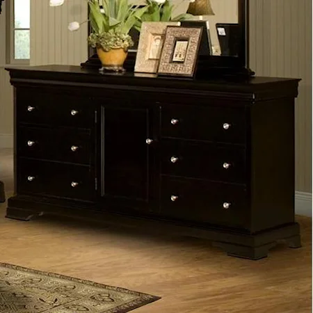 Six Drawer Dresser with Center Door and Adjustable Shelf